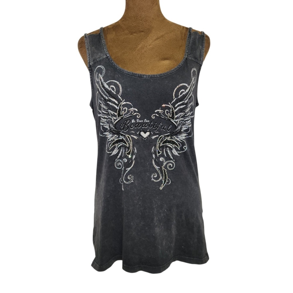 Y2K E.GO USA Tank Top Women's Size L Butterfly Rhinestone Biker Stretch